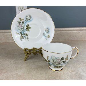 Delphine Bone China England White Stemmed Rose Tea Cup And Saucer Set